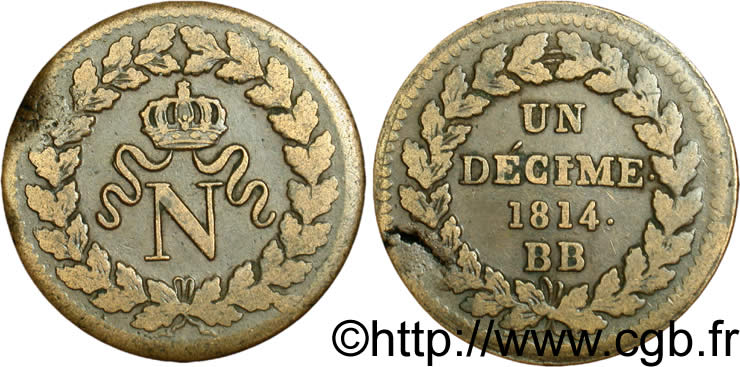 Un décime à l’N couronnée 1814 Strasbourg F.131/3 TTB40 