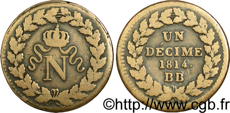 Un décime à l’N couronnée 1814 Strasbourg F.131/4 TB20 