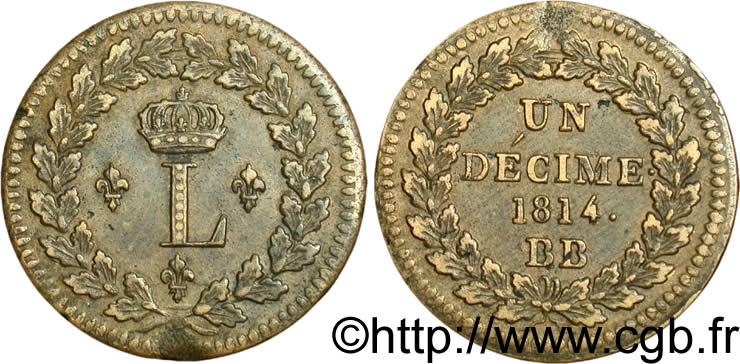 Un décime à l’L couronnée 1814 Strasbourg F.132/1 TTB50 