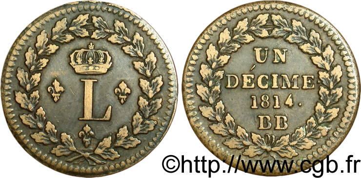 Un décime à l’L couronnée 1814 Strasbourg F.132/1 TTB40 