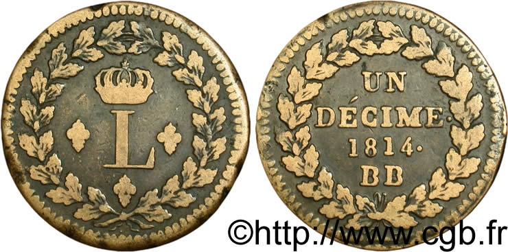 Un décime à l’L couronnée 1814 Strasbourg F.132/1 TB35 