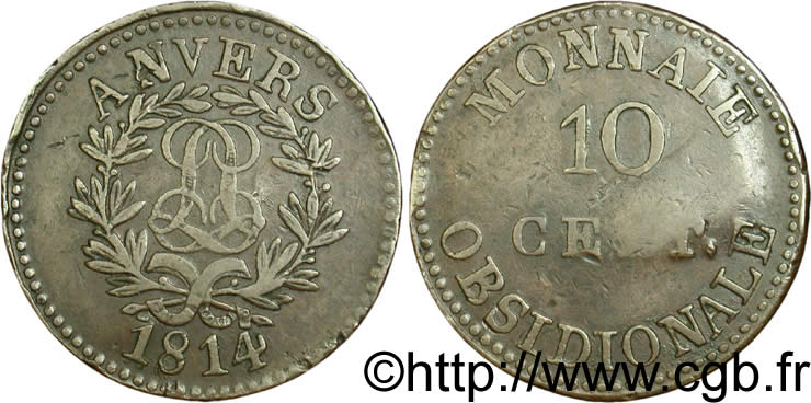 10 cent. Anvers au double L, frappe de l’arsenal de la marine 1814  Anvers F.130D/1 TB35 