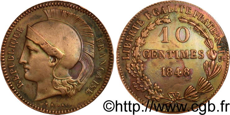 Concours de 10 centimes étain bronzé, essai de Rogat, deuxième concours 1848 Paris VG.3170 var. XF48 