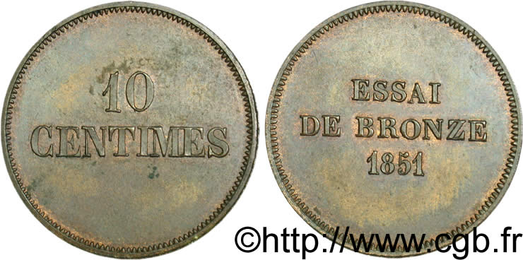 Essai de 10 centimes en bronze 1851  VG.3294  SPL58 