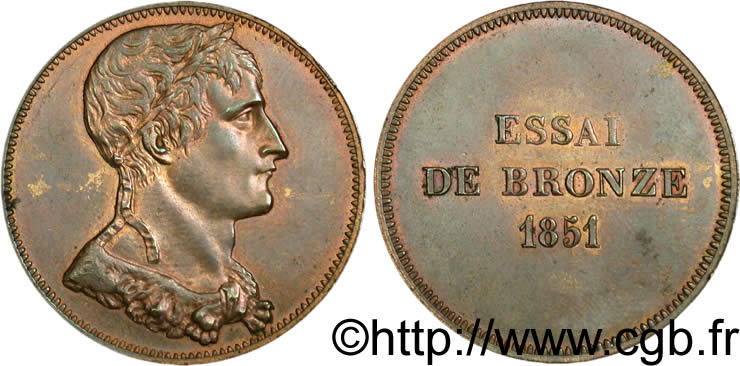 Essai de bronze au module de 10 centimes, Bonaparte 1851 Paris VG.3288  MS60 