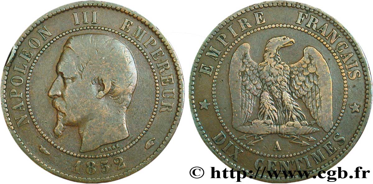 Dix centimes Napoléon III, tête nue 1852 Paris F.133/1 TB20 