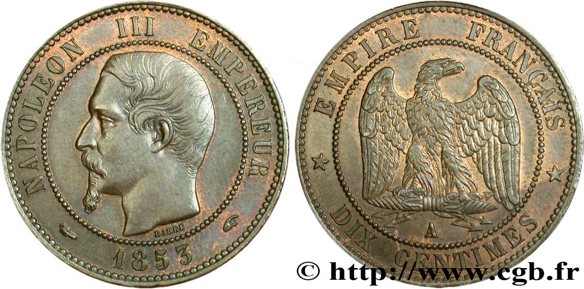 Dix centimes Napoléon III, tête nue 1853 Paris F.133/2 SUP58 