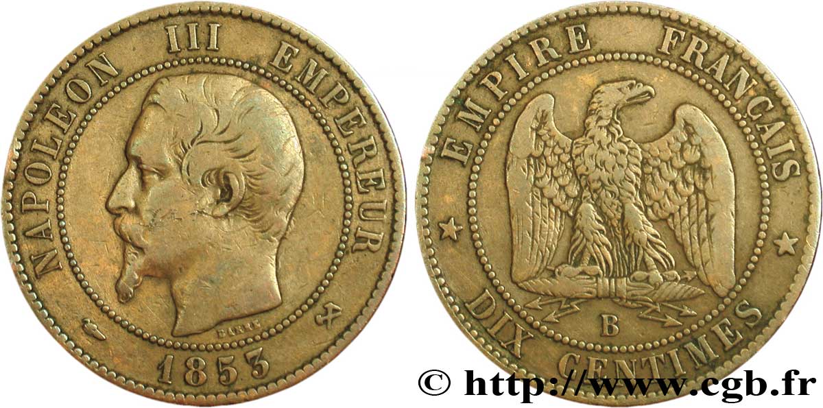 Dix centimes Napoléon III, tête nue 1853 Rouen F.133/3 TB35 