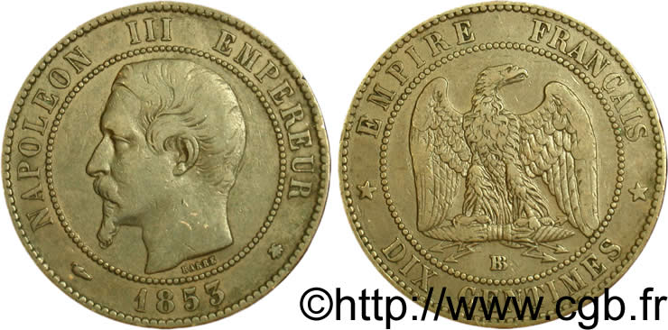 Dix centimes Napoléon III, tête nue 1853 Strasbourg F.133/4 TTB40 