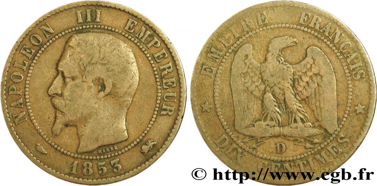 Dix centimes Napoléon III, tête nue 1853 Lyon F.133/5 F12 