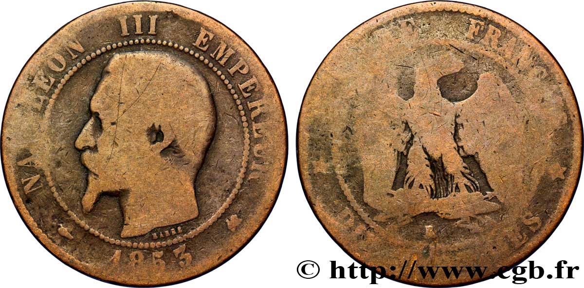 Dix centimes Napoléon III, tête nue 1853 Bordeaux F.133/7 B8 