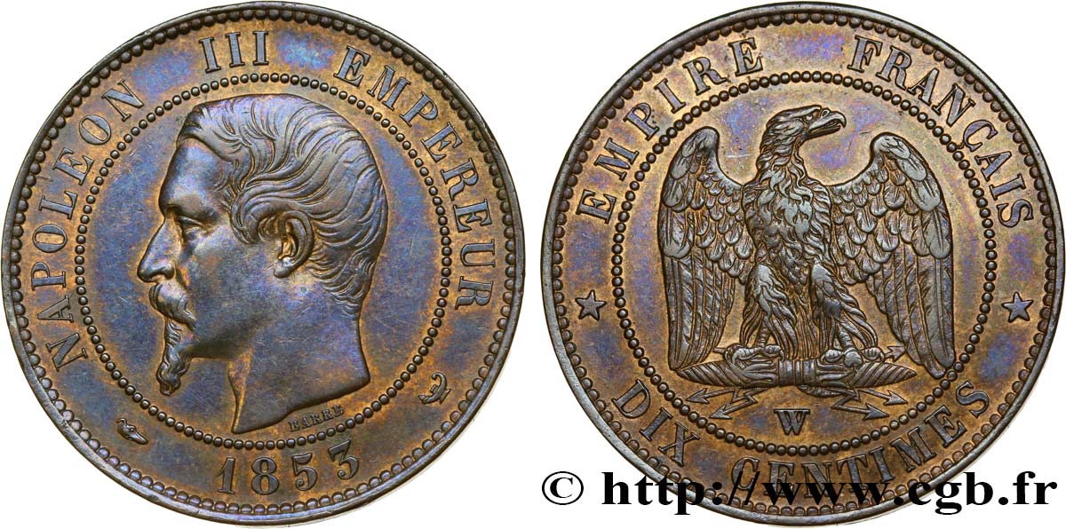 Dix centimes Napoléon III, tête nue 1853 Lille F.133/10 AU50 