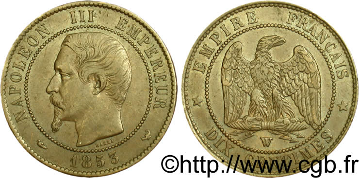 Dix centimes Napoléon III, tête nue 1853 Lille F.133/10 SS40 