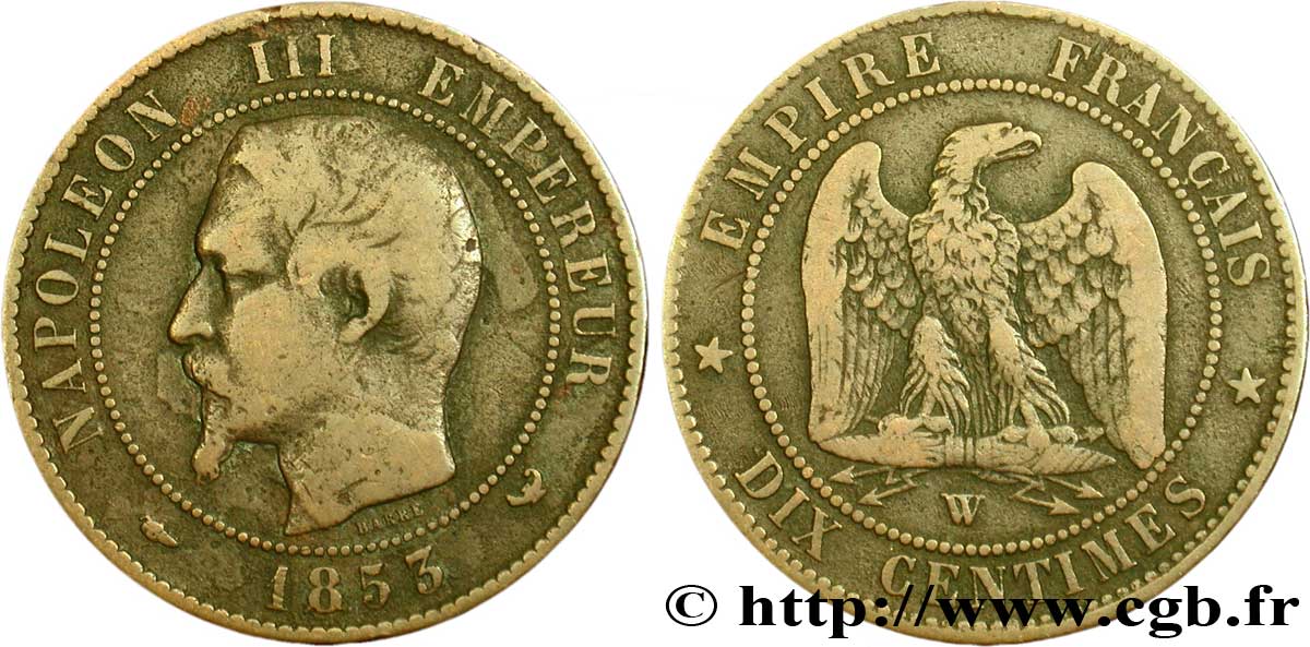 Dix centimes Napoléon III, tête nue 1853 Lille F.133/9 TB20 