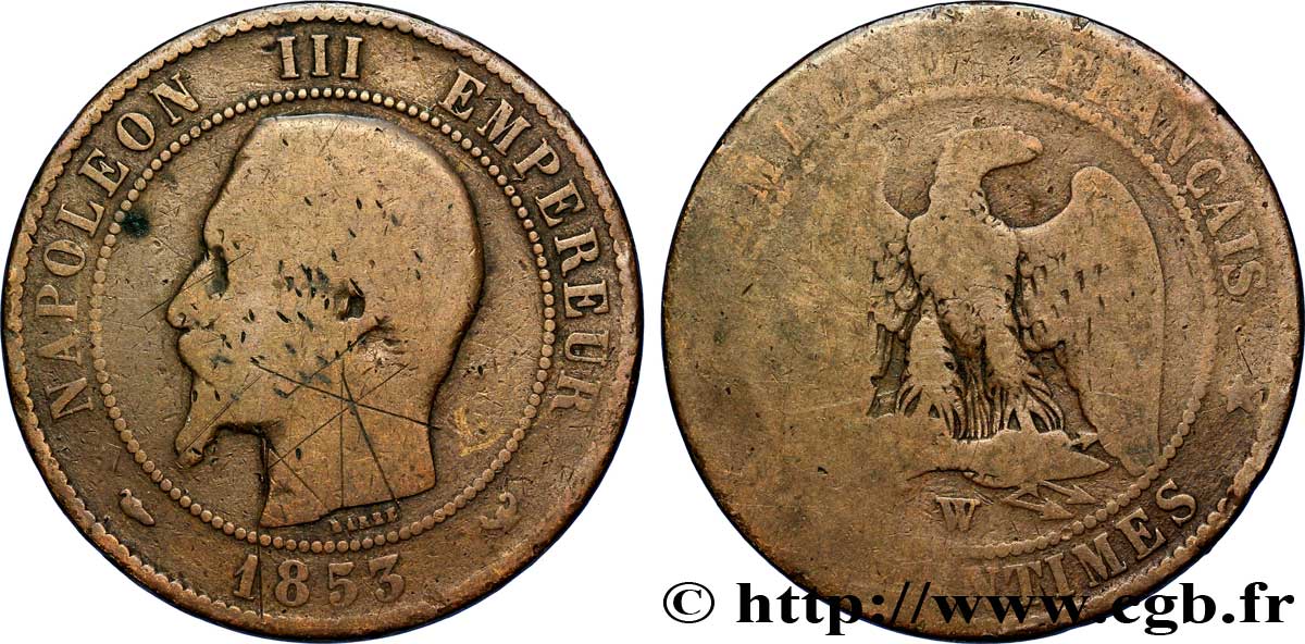 Dix centimes Napoléon III, tête nue 1853 Lille F.133/10 B8 