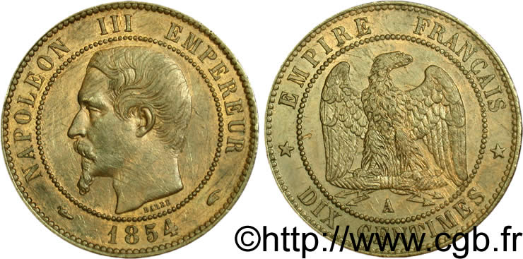 Dix centimes Napoléon III, tête nue 1854 Paris F.133/11 TTB 