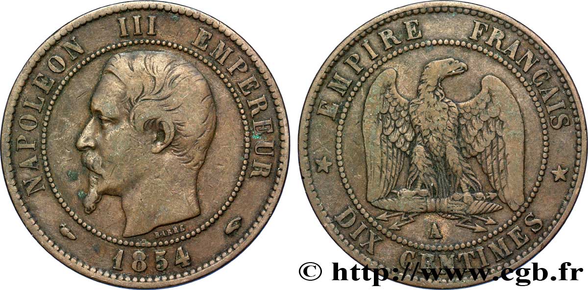 Dix centimes Napoléon III, tête nue 1854 Paris F.133/11 TB35 
