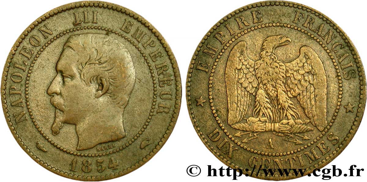 Dix centimes Napoléon III, tête nue 1854 Paris F.133/11 TB20 