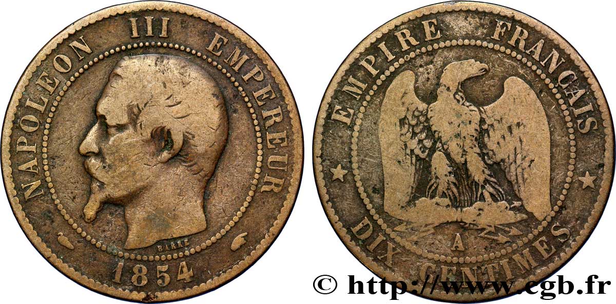 Dix centimes Napoléon III, tête nue 1854 Paris F.133/11 B12 