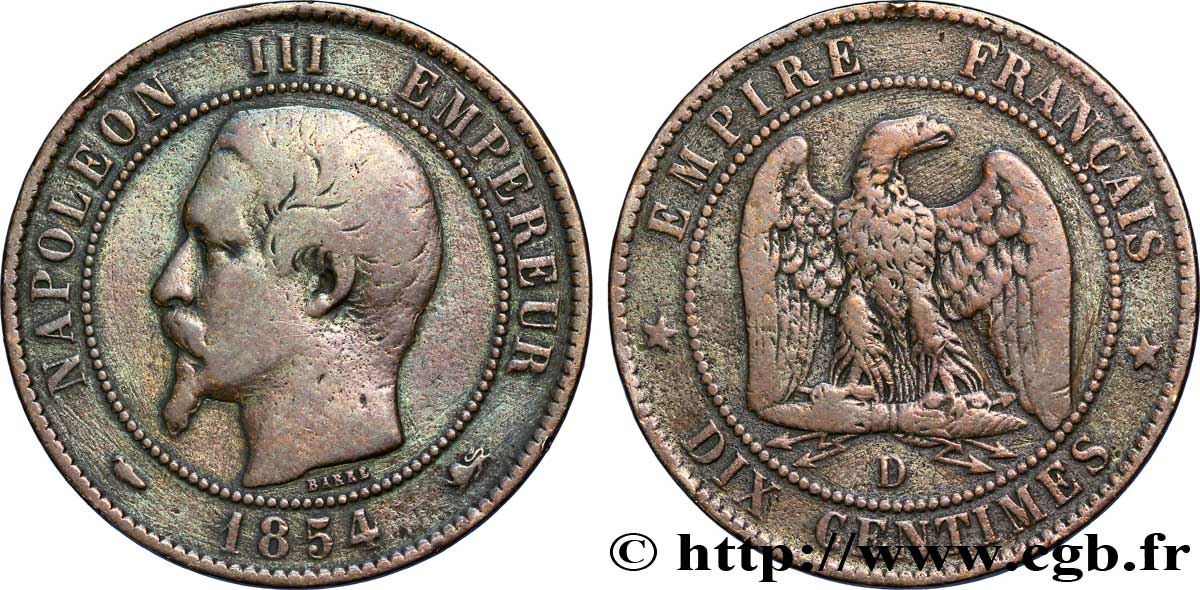 Dix centimes Napoléon III, tête nue 1854 Lyon F.133/15 MB20 