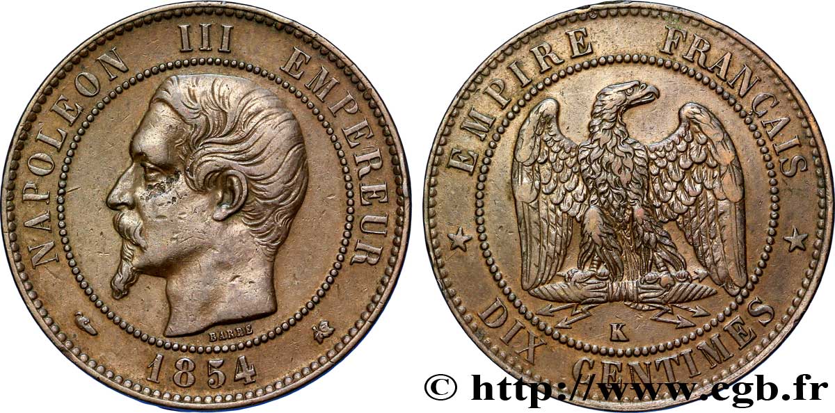 Dix centimes Napoléon III, tête nue 1854 Bordeaux F.133/16 TTB48 