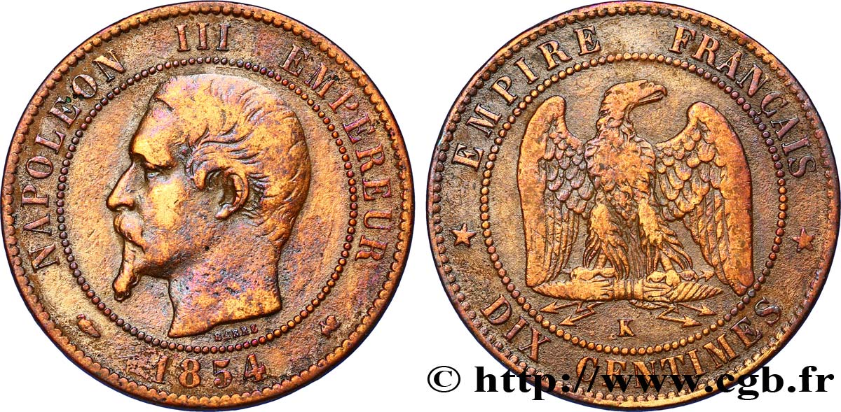 Dix centimes Napoléon III, tête nue 1854 Bordeaux F.133/16 MB35 