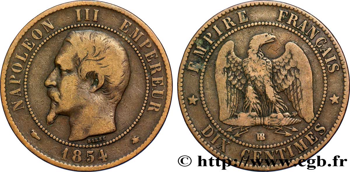 Dix centimes Napoléon III, tête nue 1854 Strasbourg F.133/13 VF35 