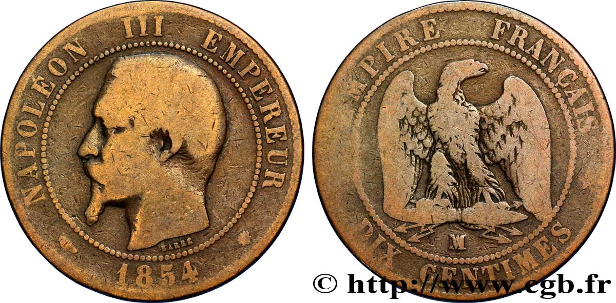 Dix centimes Napoléon III, tête nue 1854 Marseille F.133/17 B12 