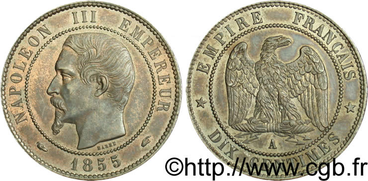 Dix centimes Napoléon III, tête nue 1855 Paris F.133/19 AU58 