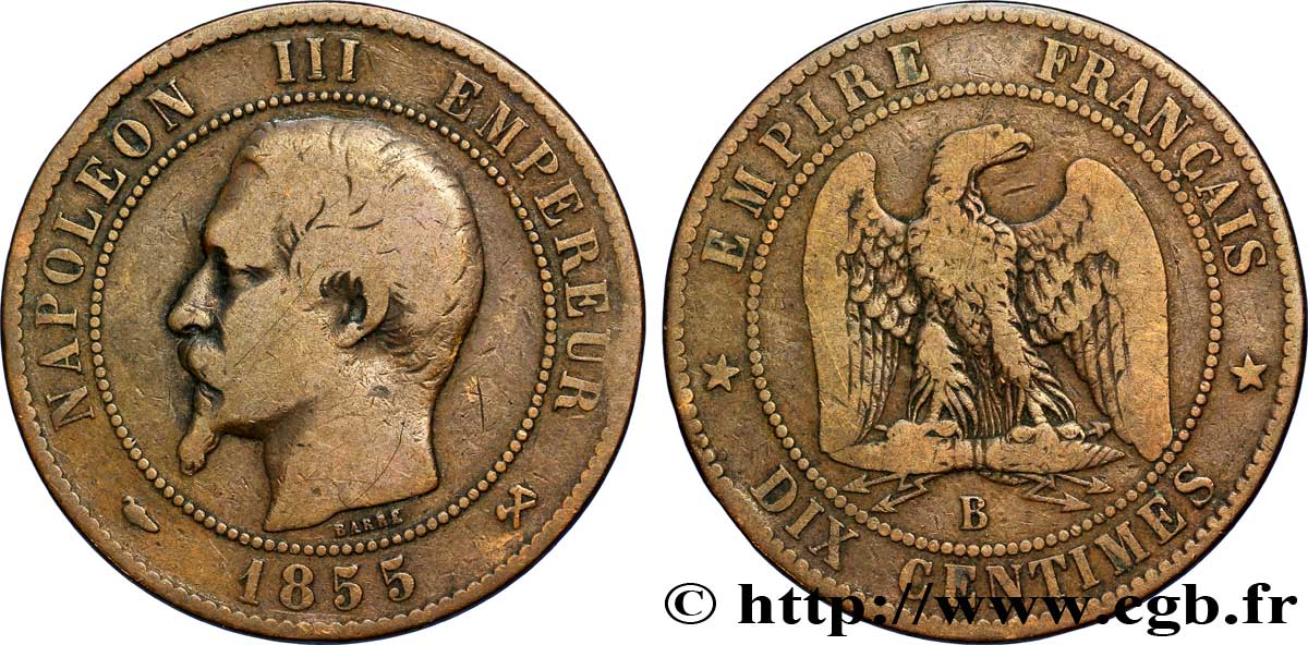 Dix centimes Napoléon III, tête nue 1855 Rouen F.133/21 BC20 
