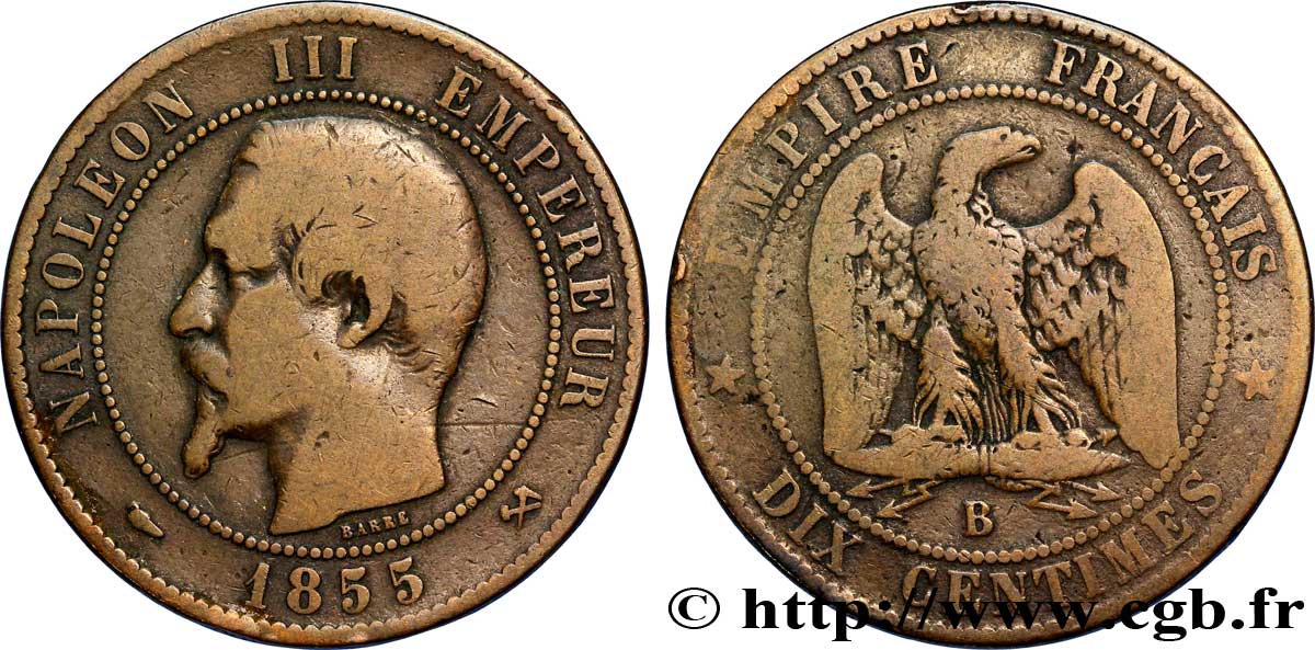 Dix centimes Napoléon III, tête nue 1855 Rouen F.133/21 RC12 
