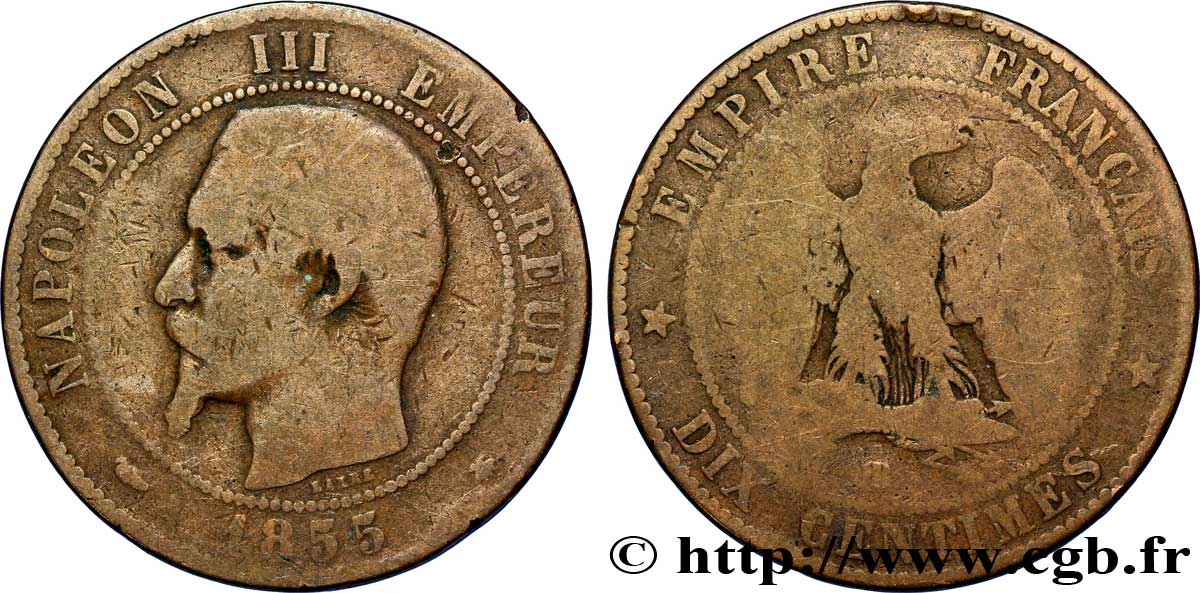 Dix centimes Napoléon III, tête nue 1855 Strasbourg F.133/23 SGE8 