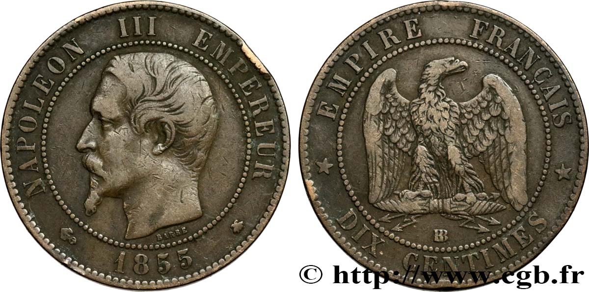 Dix centimes Napoléon III, tête nue 1855 Strasbourg F.133/24 VF35 