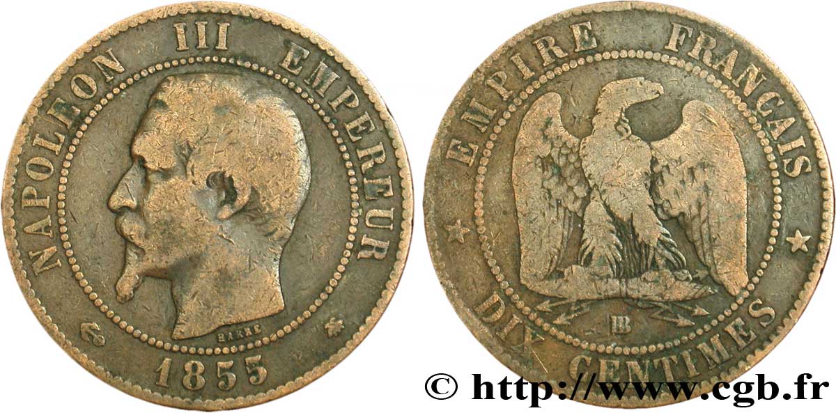 Dix centimes Napoléon III, tête nue 1855 Strasbourg F.133/24 B12 