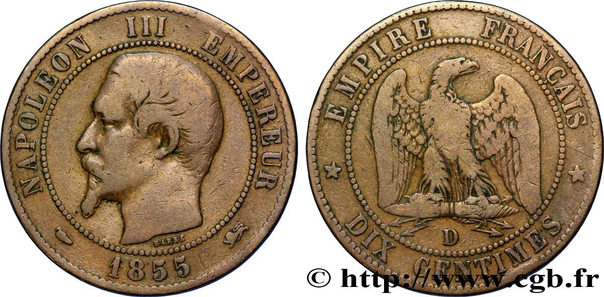 Dix centimes Napoléon III, tête nue 1855 Lyon F.133/25 B12 