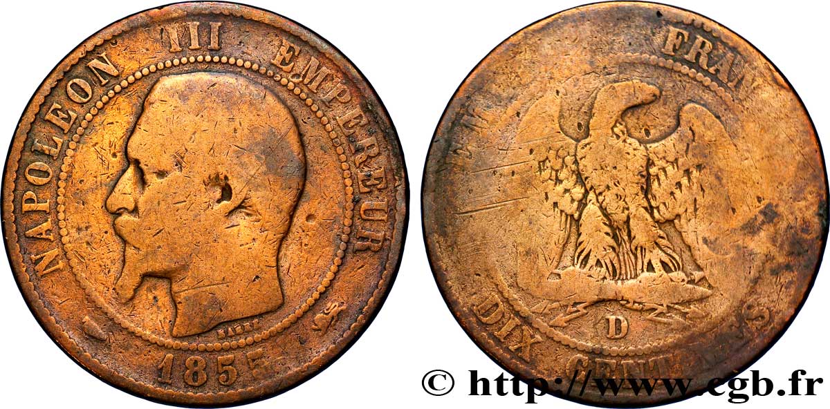 Dix centimes Napoléon III, tête nue 1855 Lyon F.133/25 B8 