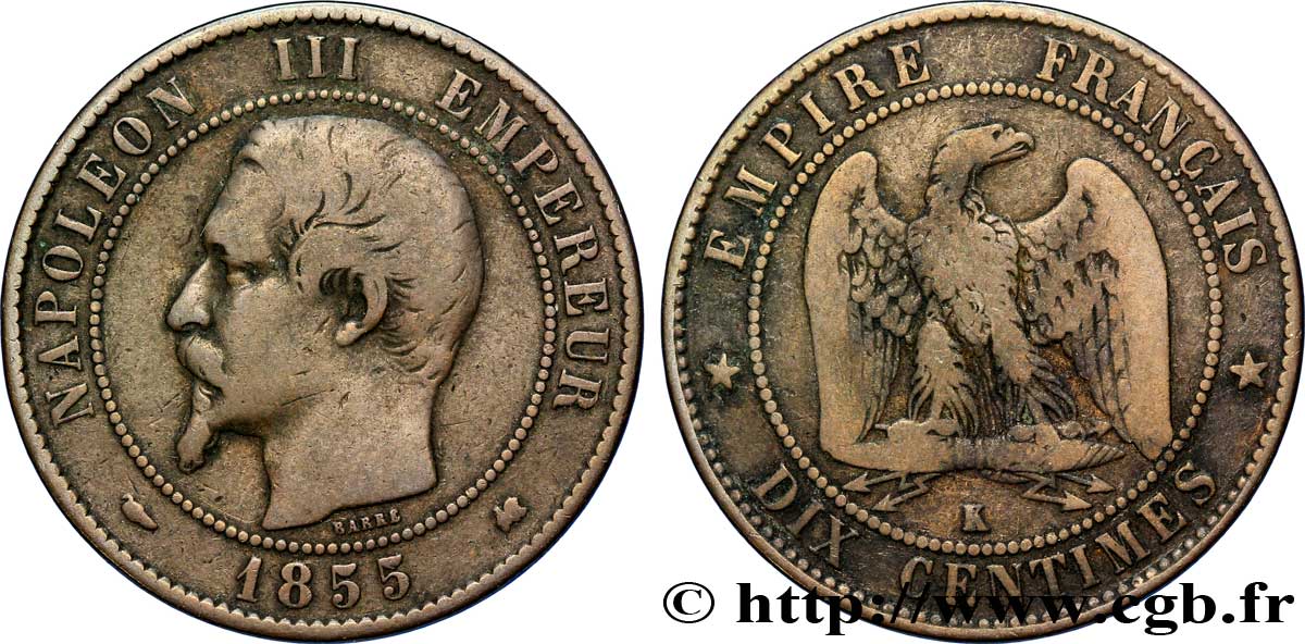 Dix centimes Napoléon III, tête nue 1855 Bordeaux F.133/27 BC20 