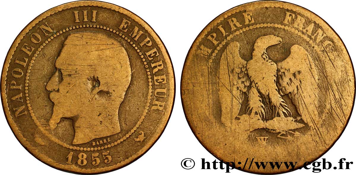 Dix centimes Napoléon III, tête nue 1855 Lille F.133/32 B8 