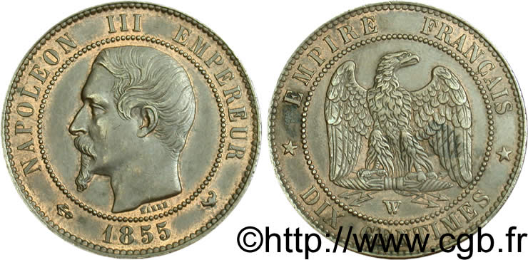 Dix centimes Napoléon III, tête nue 1855 Lille F.133/33 EBC60 