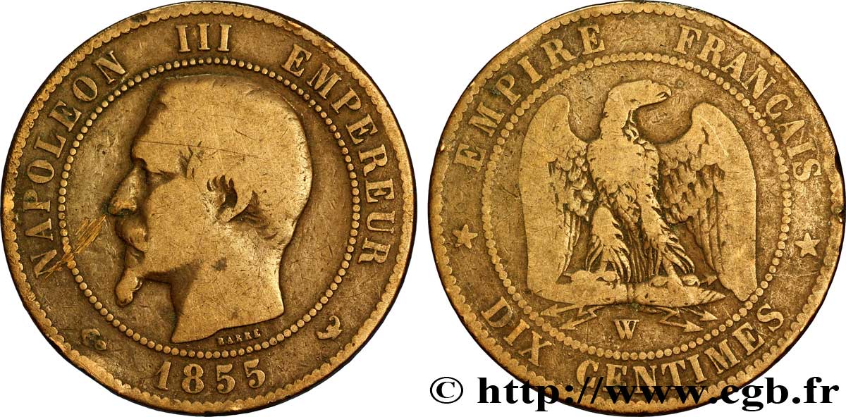 Dix centimes Napoléon III, tête nue 1855 Lille F.133/33 B12 