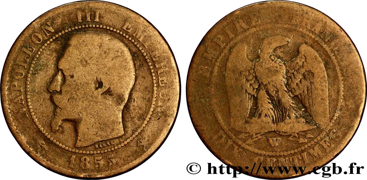 Dix centimes Napoléon III, tête nue 1855 Lille F.133/33 VG8 