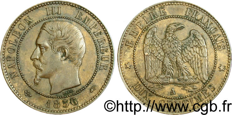 Dix centimes Napoléon III, tête nue 1856 Paris F.133/34 TTB54 
