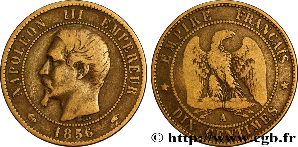Dix centimes Napoléon III, tête nue 1856 Paris F.133/34 BC20 