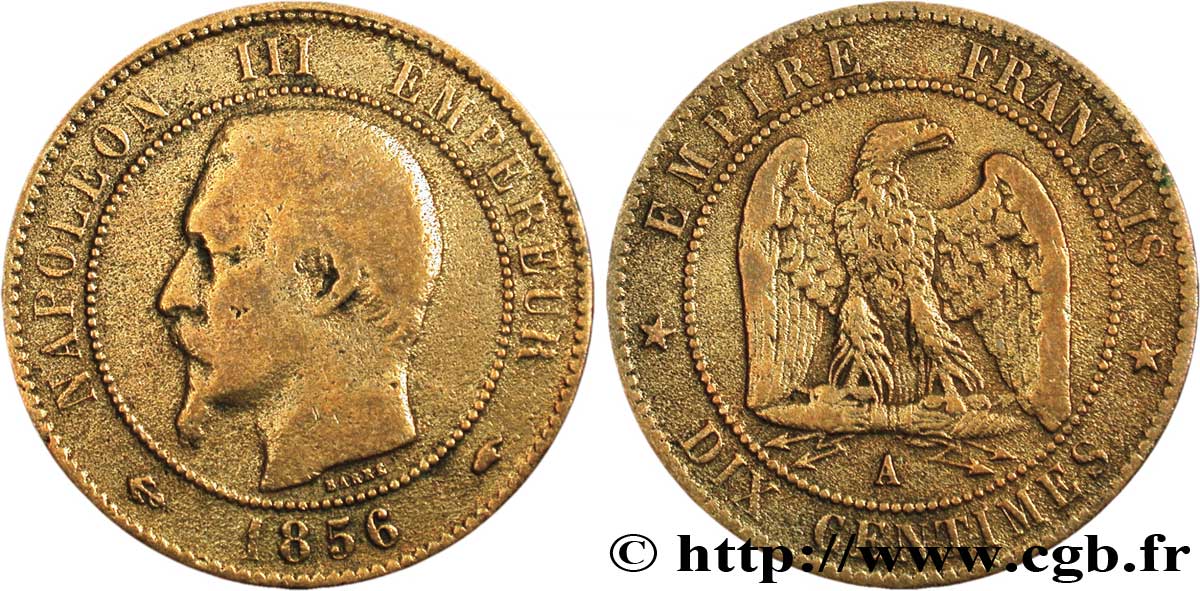Dix centimes Napoléon III, tête nue 1856 Paris F.133/34 B12 