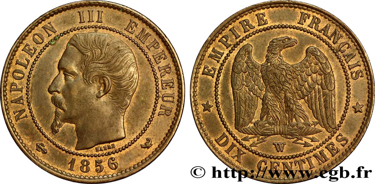 Dix centimes Napoléon III, tête nue 1856 Lille F.133/40 SUP58 