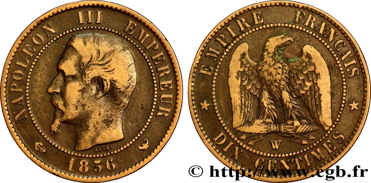 Dix centimes Napoléon III, tête nue 1856 Lille F.133/40 TB35 