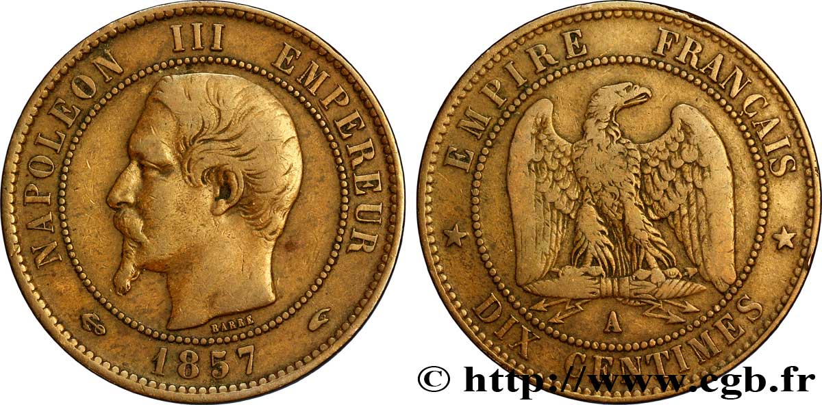 Dix centimes Napoléon III, tête nue 1857 Paris F.133/41 BC35 