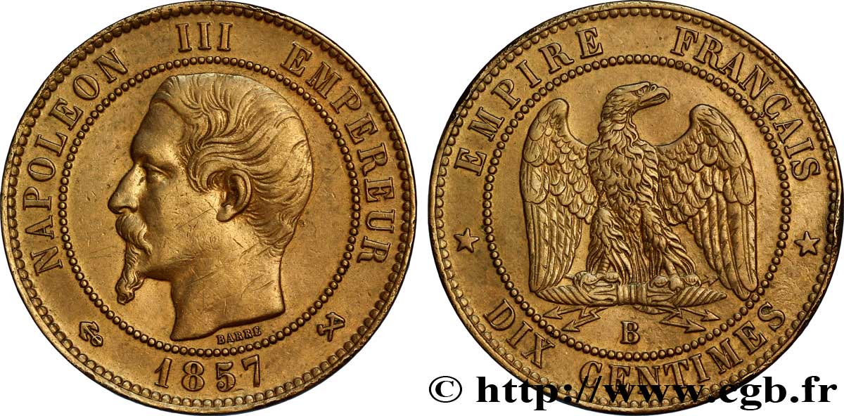 Dix centimes Napoléon III, tête nue 1857 Rouen F.133/42 MBC48 