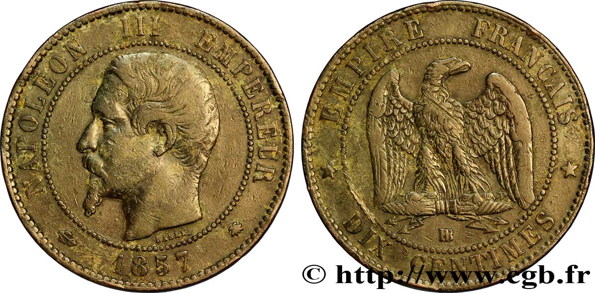 Dix centimes Napoléon III, tête nue 1857 Strasbourg F.133/43 VF35 