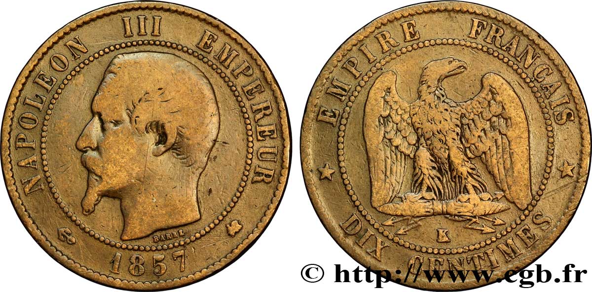 Dix centimes Napoléon III, tête nue 1857 Bordeaux F.133/44 BC20 